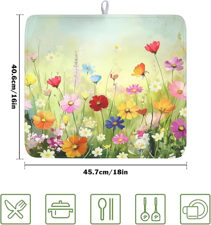 ABSOP Spring Summer Daisy Dish Drying Mat 16 x 18 Inch Colourful Floral Pattern Dish Drainer Rack Mat Absorbent Microfiber Mats Holiday Dish Pad for Kitchen Coffee Dining Bar Decor