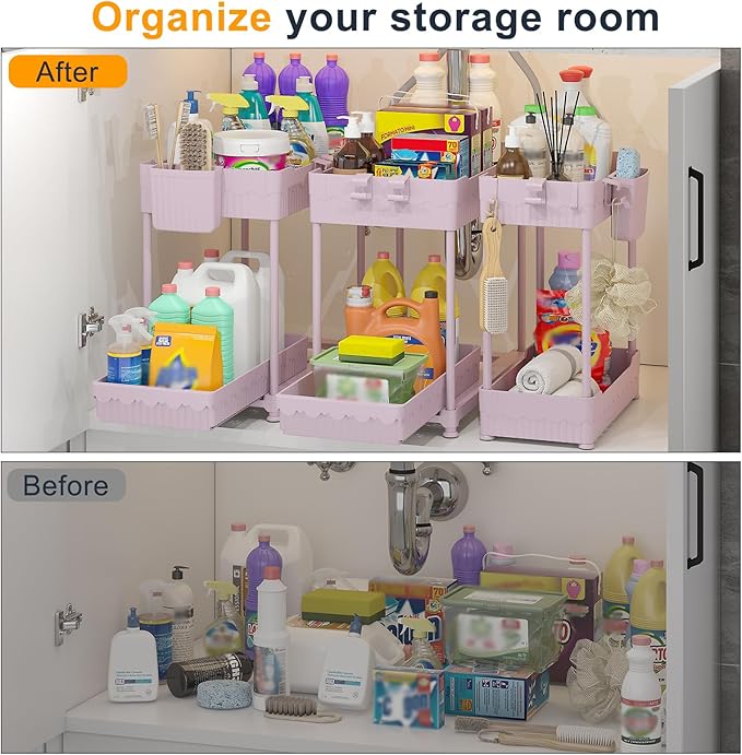 Sevenblue 3 Pack Under Sink Organizers, 2-Tier Multi-Use Kitchen and Bathroom Organizers and Storage with Sliding Drawers，Bathroom Cabinet Organizer (Pink, 14.8 Inch)