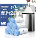 T.FORING 10 Gallon Trash Bags with Drawstring - 120 Count Heavy Duty 1.2 Mil Garbage Bags 38 Liter Unscented White Kitchen Bin Liners for Home & Office