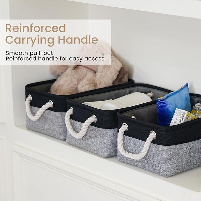 Storage Baskets for Shelves 11.8x7.9x5.2 Inch, Foldable Fabric Storage Bins with Handles, Small Storage Baskets for Organizing Closet, Office, Home Organization (3-Pack, Black&Gray)