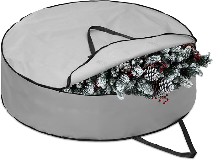 1 Pc 60" Christmas Wreath Storage Bag Zippered Garland Holiday Container with Reinforced Handle Tear Resistant 600d Oxford Organizer Wreath Holder with Card (Gray)