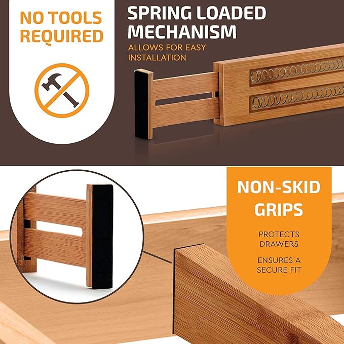 6 Pack Bamboo Drawer Dividers - 17" to 21.5" Expandable Adjustable Drawer Organizer for Kitchen Utensils, Large Kitchen Drawer Divider, Clothes, Dresser, Bedroom, Bathroom & Desk Drawer Separator Set