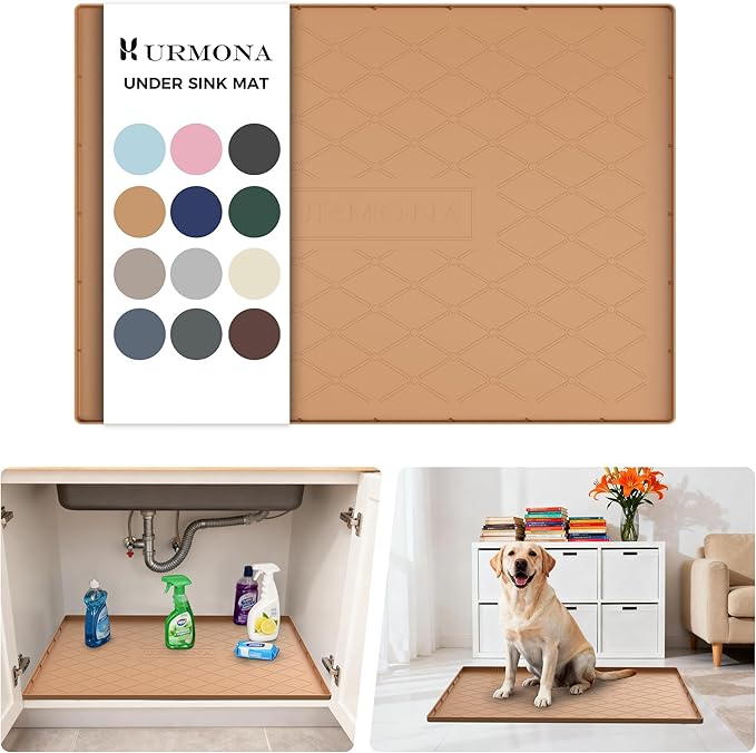URMONA Under Sink Mat for Kitchen Waterproof, 31" x 22" Silicone Under Sink Mat for Shelf Liner Organizer, Cabinet Sink Protector Under Sink Liner for Bottom Kitchen, Bathroom(Khaki)