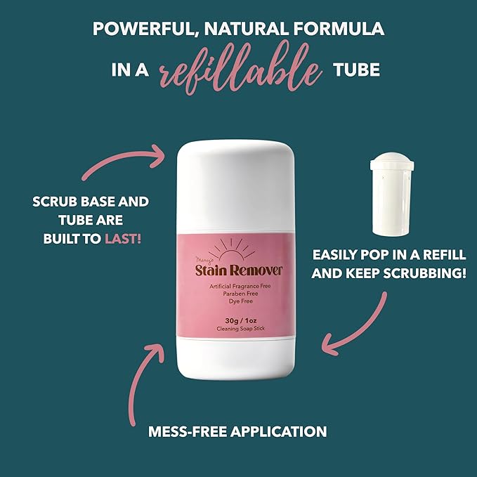 Mary's Stain Remover - Refillable Tube Stain Stick, Natural 6 Ingredient, Baby Gift, Tween Gift, Blood, Grease, Oil, Ketchup, Expo, Pen, Slime, Sports Stains, Refill Cartridge System