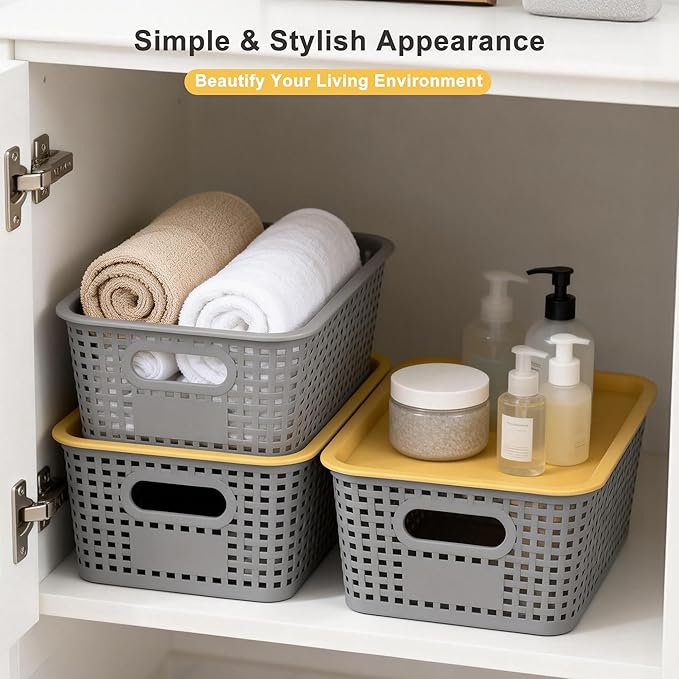 AREYZIN Plastic Storage Bins with Lids, 6-Pack Stackable Pantry Organizers and Storage Containers for Shelves, Closet Organization, Drawer Organizer Bins,Gray & yellow lids