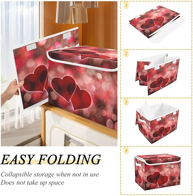 Valentines Baskets Collapsible Storage Bins with Lids, Hearts Bokeh Effect Storage Boxes Clothes Baskets for Organizing