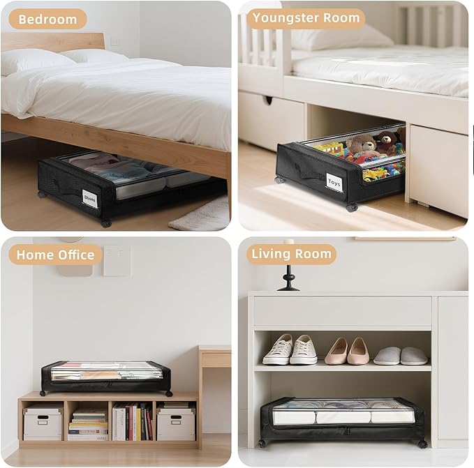 kleenhive Under Bed Storage with Wheels 2-Pack，Under Bed Storage Containers XXL，Underbed Shoes Storage with Clear Lid,Rolling UnderBed Metal Drawer for Clothes Blankets Easy Pull-out Black
