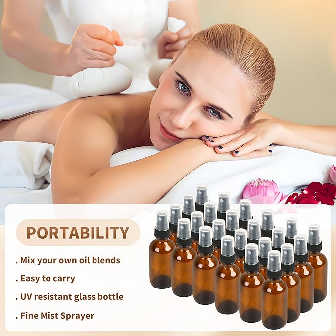 BILLIONSTARS 24 Pack 2oz Glass Boston Round Bottle with Fine Mist Sprayer - Amber - Essential Oils, Bath, Beauty, Hair & Cleaning - Leakproof Travel Bottles