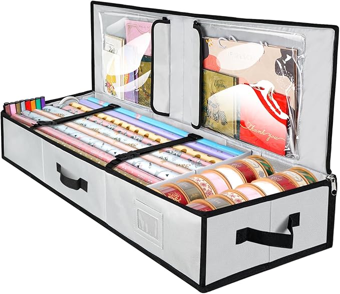 BALEINE Wrapping Paper Storage Organizer, 40" Durable 600D Oxford Fabric Gift Wrap Storage Bag with Flexible Partitions for Ribbon, Holiday Accessories (Gray)