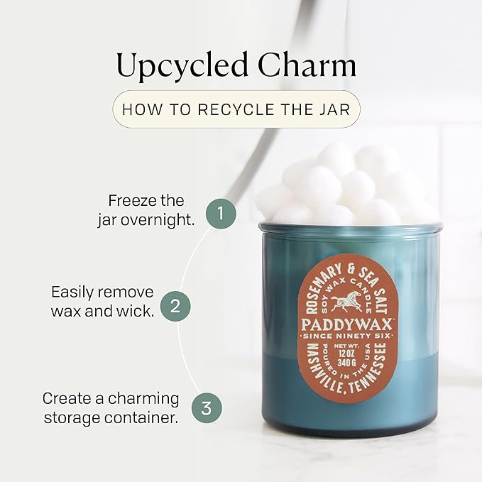 Paddywax Vista Scented Candle with Lid in Reusable Tonal Glass Jar, Clean-Burn 2-Wick Soy Candle with Approx. 84 Hour Burn Time, Decorative Gift Candles for Home, Rosemary & Sea Salt, 12 oz