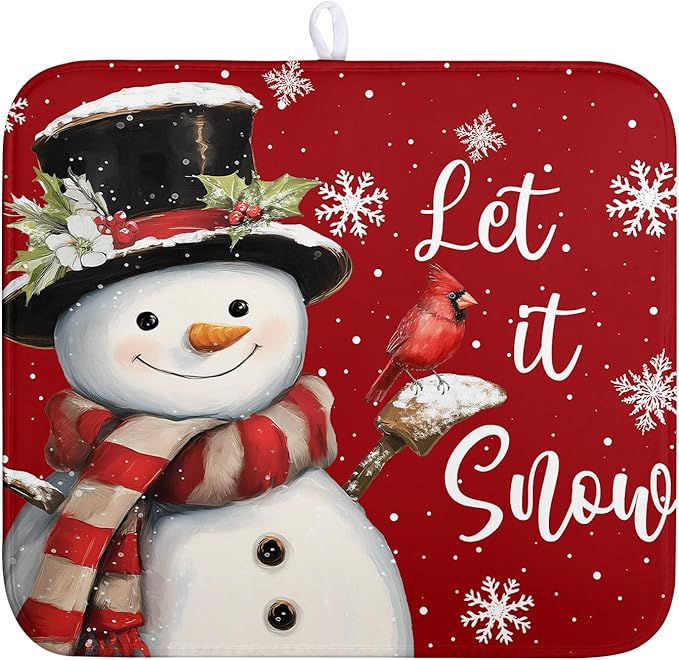 Wnoesat Snowman Christmas Dish Drying Mat Winter Drying Mats for Kitchen Counter Xmas Holiday Red Dish Draining Mat Microfiber Absorbent Reusable Dish Rack Pad 16x18 Inch