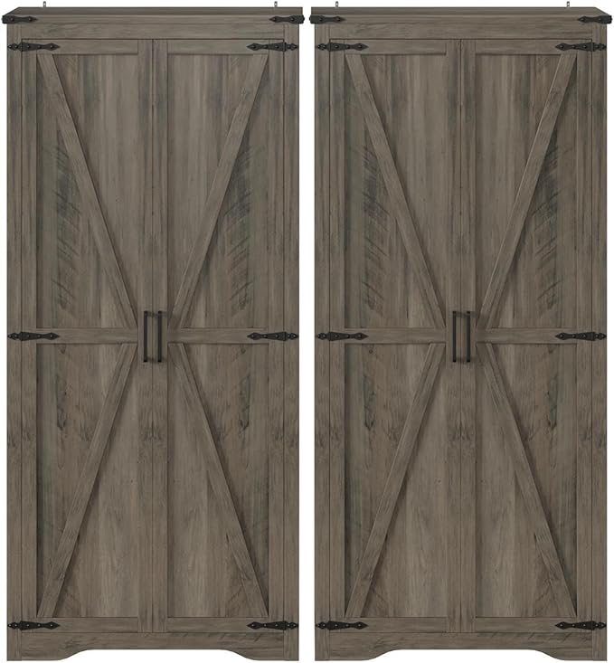 Set of 2 Farmhouse Rustic Grey Storage Cabinet with Adjustable Shelves, Large Pantry Organize with 2 Barn Doors, Tall Freestanding Cabinet for Kitchen, Bathroom, Garage, Living, Utility Room