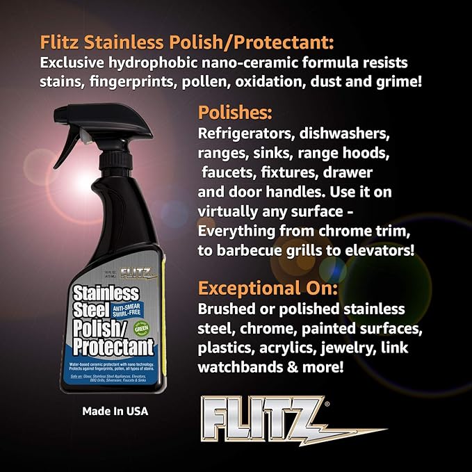 Flitz Stainless Steel Polish Protectant - 16oz Bottle, USA-Made Ceramic Coating for Stainless Steel Appliances, Repels Fingerprints & Water Spots - Aluminum & Chrome Polish & Protectant (3 Pack)