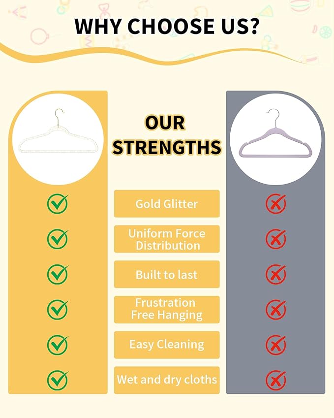 HGYZE Toddler Hangers for Kids Clothes Closet, 50pcs Slim Baby Hangers with 10 Connector Hooks for Infant Coat, Perchas de Plástico for Boy Nursery (Clear Sparkling Hangar with Gold Glitter)
