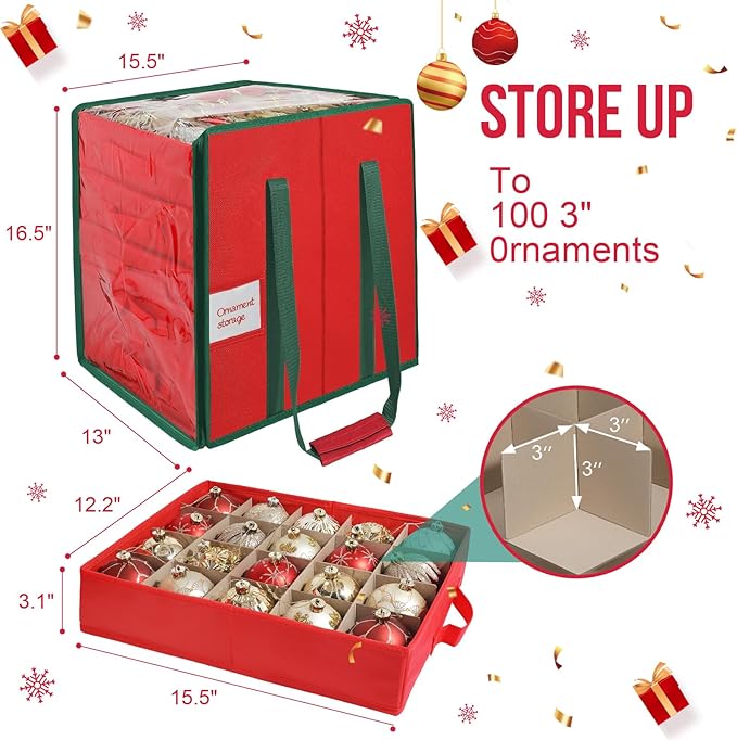 Christmas Ornament Storage Box, Stores Up to 100 Count 3 Inch Ornaments, 5 Individual Trays, Adjustable Dividers, 600D Oxford Fabric, Large Organizer Bin to Protect and Store Holiday Décor