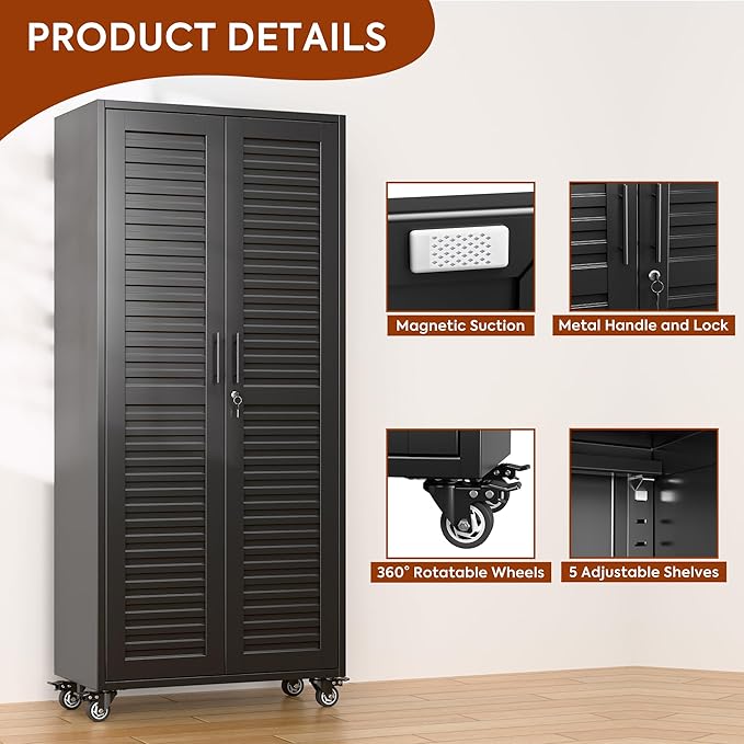 Aobabo Garage Storage Cabinet with Wheels,Metal Storage Cabinets with 5 Adjustable Shelves for Garage,Home,Assembly Required,Black, 71H''*32''W*16''D