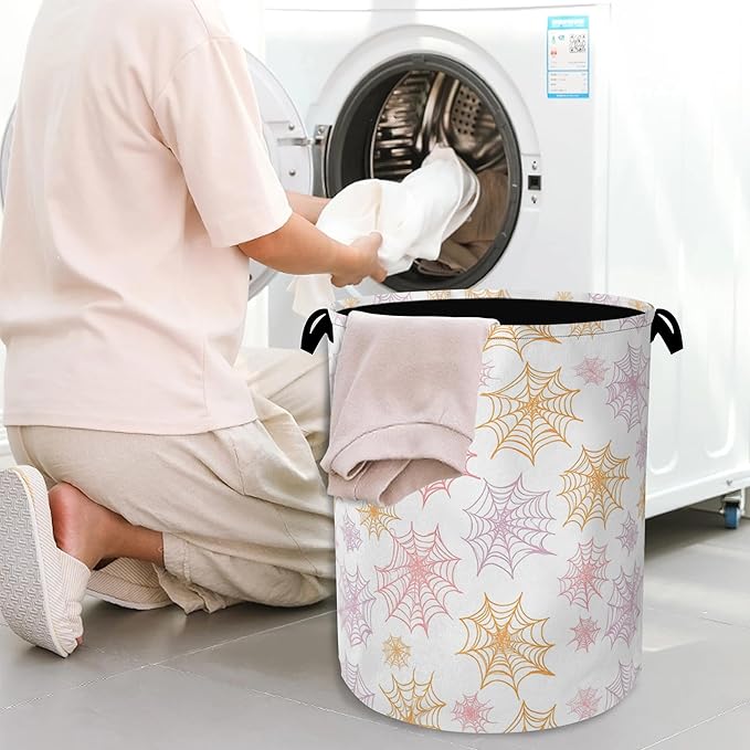 Colorful Spider Web Laundry Basket,Halloween Foldable with Handles Tote Bag Oxford Cloth for Bathroom Bedroom Dirty Clothes Storage Bucket 16" x 20.8"