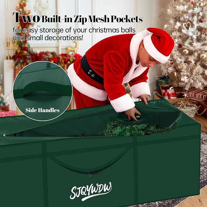 Christmas Tree Storage Bag, 9 Ft Christmas Tree Bag, Reusable Heavy Duty 600D Oxford Cloth, Built-in Double Mesh Bags, Double Zippers for Large Artificial Christmas Tree(65×18×27in, Green)