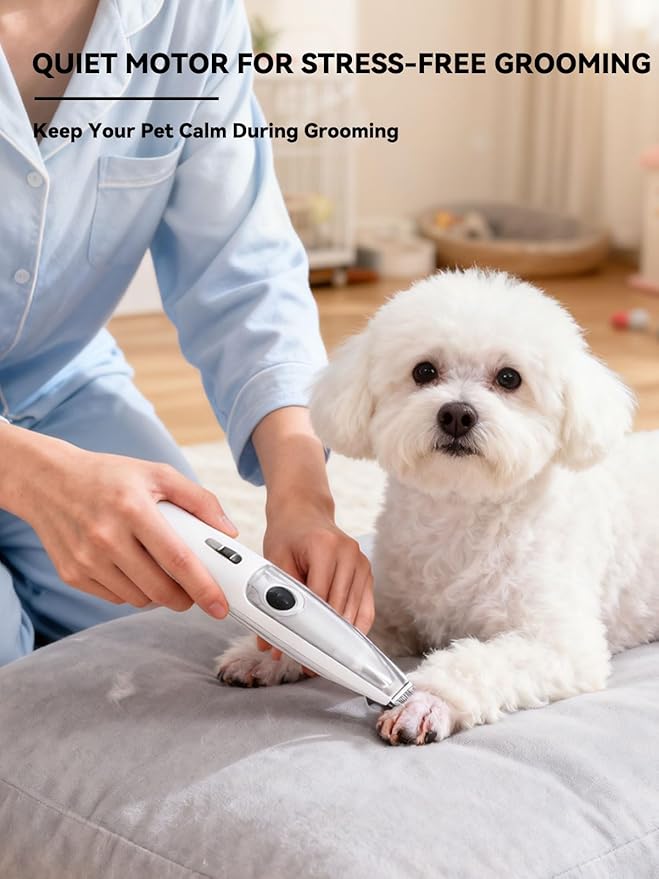 LYNNYUEN Dog Clippers for Grooming, Small Pet Trimmer for Paws & Face, Cordless Pet Paw Hair Trimmer with Vacuum Suction, Low Noise, Washable Blade, 2-Speed Rechargeable Dog Grooming Tool