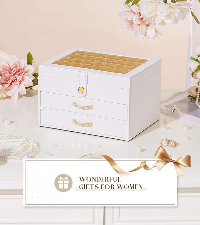 White Jewelry Box Organizer: Home Decor for Women - 2-Drawer Holder for Valentine’s Day Birthday Gift White Gold