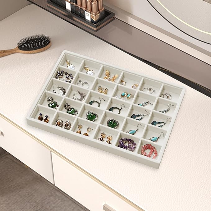 Wudygirl Jewelry Organizer Stackable Jewelry Tray for Drawer Velvet Earring Holder Organizer with Lid Dust-proof Earring Case Ring Storage for Women Drawer Inserts 30 Grid (Beige)