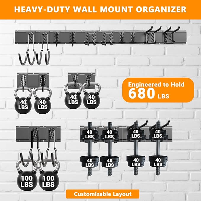 Garage Tool Organizer Wall Mount, 64 inch Garage Wall Organizer, 680lbs Sturdy Garden Tool Organizer with 10 Adjustable Hooks, for Yard, Shed, Basement, Workshop(Black)