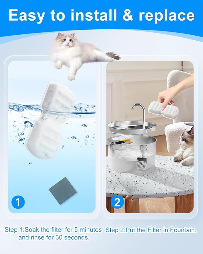 Cat Water Fountain Filters Compatible with 74oz/2.2L Compatible with 87oz/2.6L Stainless Steel Cat Water Fountains, 6 Carbon Filters + 6 Ultra-fine Fiber for Clean & Fresh