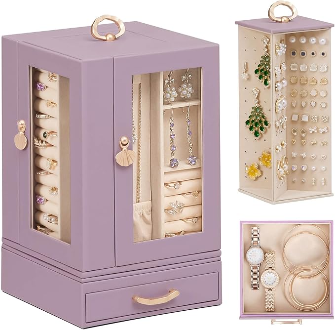 Jewelry Box large for Dresser: Women Necklace Ring Storage Organizer with Compartments - Elegant Earring Holder Display (Grey Purple)