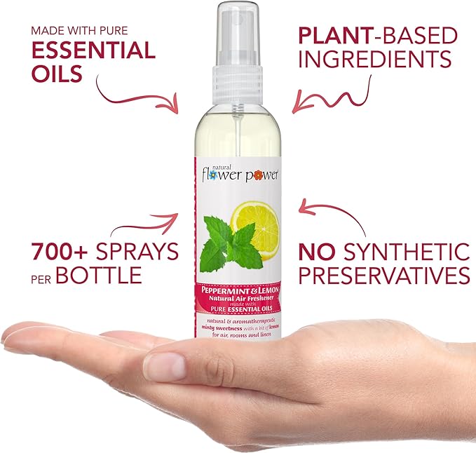 Natural Flower Power Air Freshener Spray - Odor Eliminator w/Essential Oils - Home, Car & Fabric - Cruelty Free & Vegan - Variety Pack - Citrus & Spice and Peppermint & Lemon - 2 x 4 fl oz