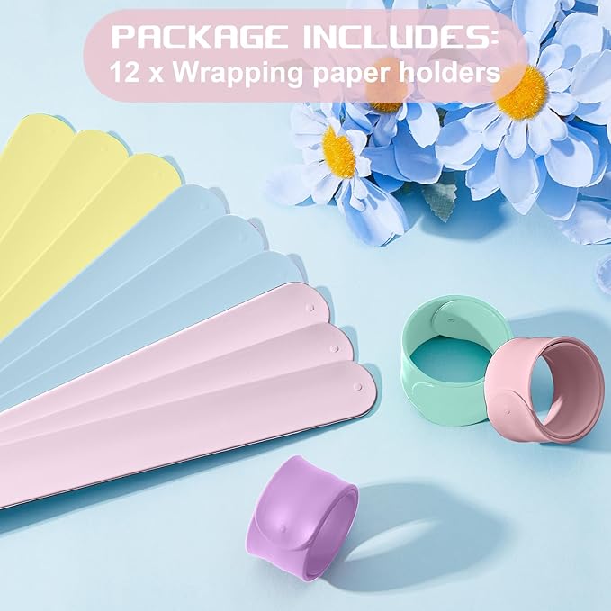 Charniol 12 Pieces Wrapping Paper Roll Holder Holiday Flip Wraps Silicone Covered Metal Strips Flip 1 x 9 Inch Stabilizer Slap Band for Poster Gift Paper Vinyl Storage Organize (Macaron Color)