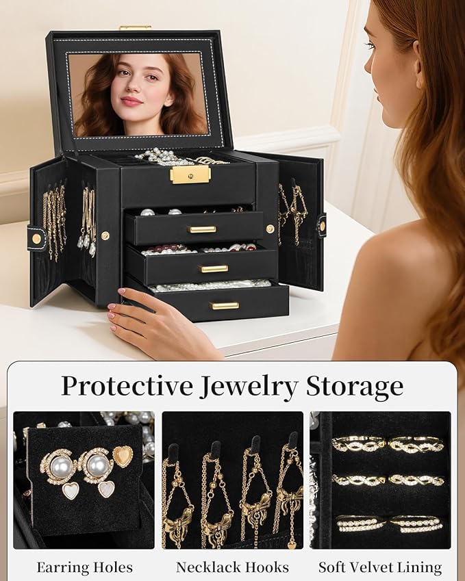 TORIBIO Jewelry Box for Women, Leather Jewelry Organizer with Mirror & Lock, 4-Tier Jewelry Storage Organizer with 3 Drawers for Girls/Women/Mothers, Necklace Earring Bracelets Holder Organizer