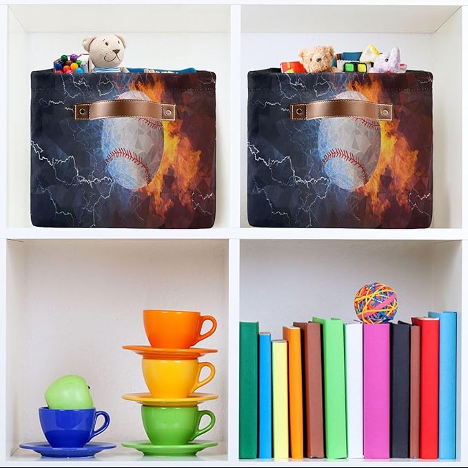 ALAZA Funny Baseball Ball Fire Water Foldable Storage Box Storage Basket Organizer Bins with Handles for Shelf Closet Living Room Bedroom Home Office 1 Pack