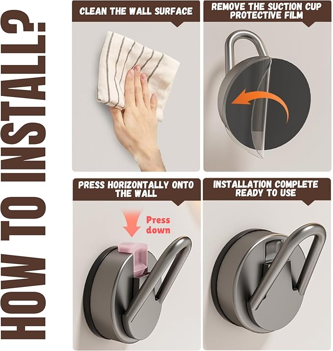 Heavy Duty Suction Cup Hook - Gun Gray No Drill Wall and Shower Hooks, 4-Pack, Ideal for Towel and Robe Storage, Waterproof
