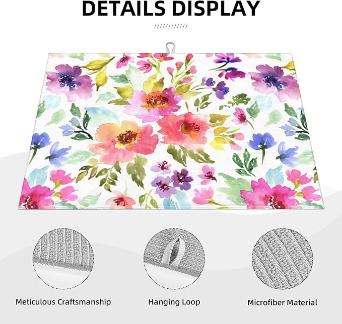 Floral Dish Drying Mats for Kitchen Counter Large Drying Mat for Dishes Microfiber Dish Rack Mat Kitchen Decor Spring Summer Flowers Drainer Pad Washable Ultra Absorbent Dry Mat 18×24 Inch