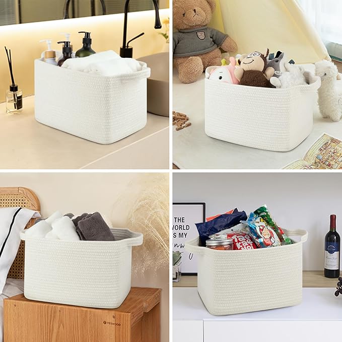 Storage Baskets for Organizing, Woven Baskets for Shelves, Rectangle Decorative Organizer for Storage Clothes, Toy, Books, Towels Nursery Bins 3 Pack (White, 13"x9.85"x8.7")