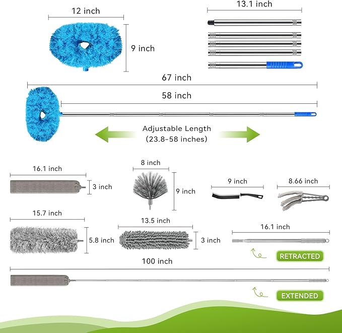 MimAuto 11-in-1 100-Inch Extendable Duster Kit – Reusable Blue Fan Duster, Cobweb Brush Flat Gap Cleaner (No Ladder Needed) for High Ceilings, Fans & Home Cleaning