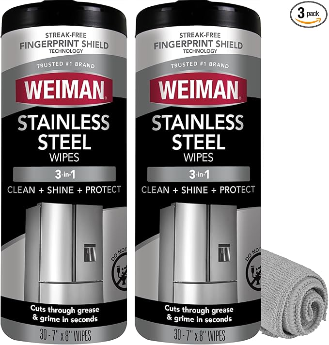 Weiman Stainless Steel Cleaner and Polish Wipes Bundle with Microfiber Cloth-Removes Fingerprints, Water Marks and Grease from Appliances - Works Great on Refrigerators, Ovens, and Grills