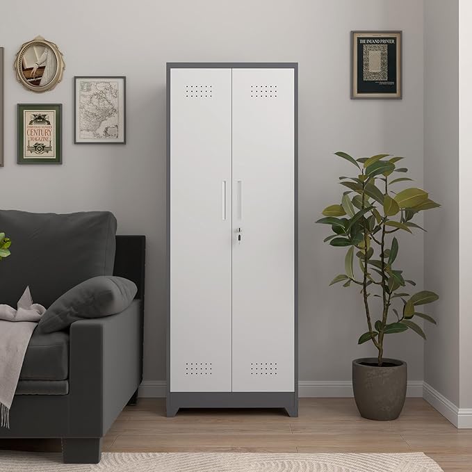 65" H Metal Garage Storage Cabinets with Doors and Shelves, Locking Cabinet, Broom Closet Storage Cabinets with Hanging Rod, Functional Tool Cabinet for Home, Garage, Kitchen
