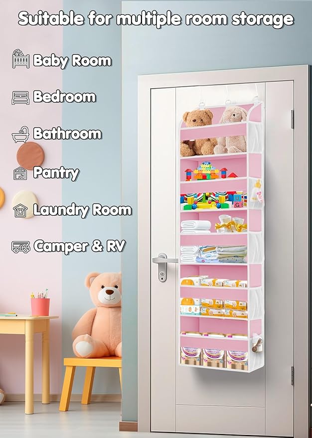 TAHAVICE Pink Over the Door Organizer - 5-Tier Hanging Storage with Clear PVC Windows & 10 Mesh Pockets, Cute Closet Organizer for Makeup, Perfume, Toys, Perfect Pink Room Decor for Girl
