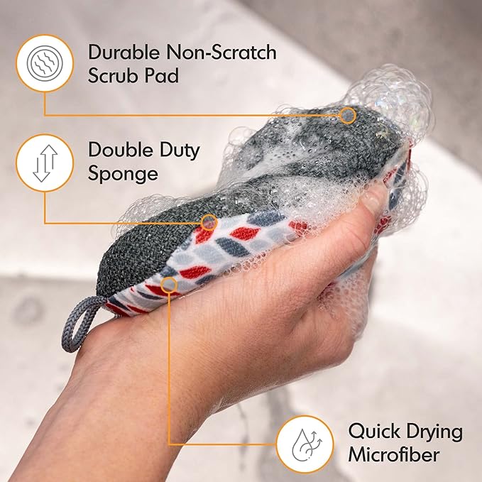 MÜkitchen Premuim Sponge for Dishes and Household Cleaning | Microfiber Print and Non-Scratch Scrub Pad | Set of 4 | (Medallion)