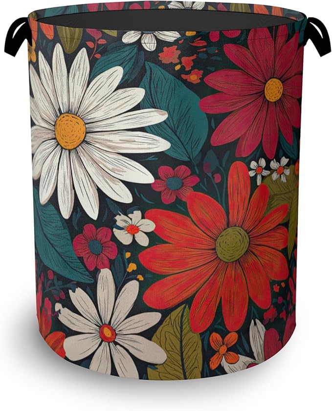 Retro Red Daisy Flowers Laundry Hamper,Dirty Clothes Laundry Basket with Handles Waterproof Oxford Cloth Storage Basket for College Dorms Bathroom Bedroom 16" x 20.8"