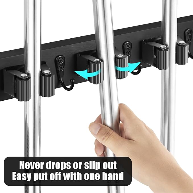 Mop Broom Holder Wall Mount, Black Stainless Steel Tool Storage Organizer with 5 Slots 6 Hooks for Home Kitchen Garden,Broom Storage Tool Organizer for Garage Closet Laundry