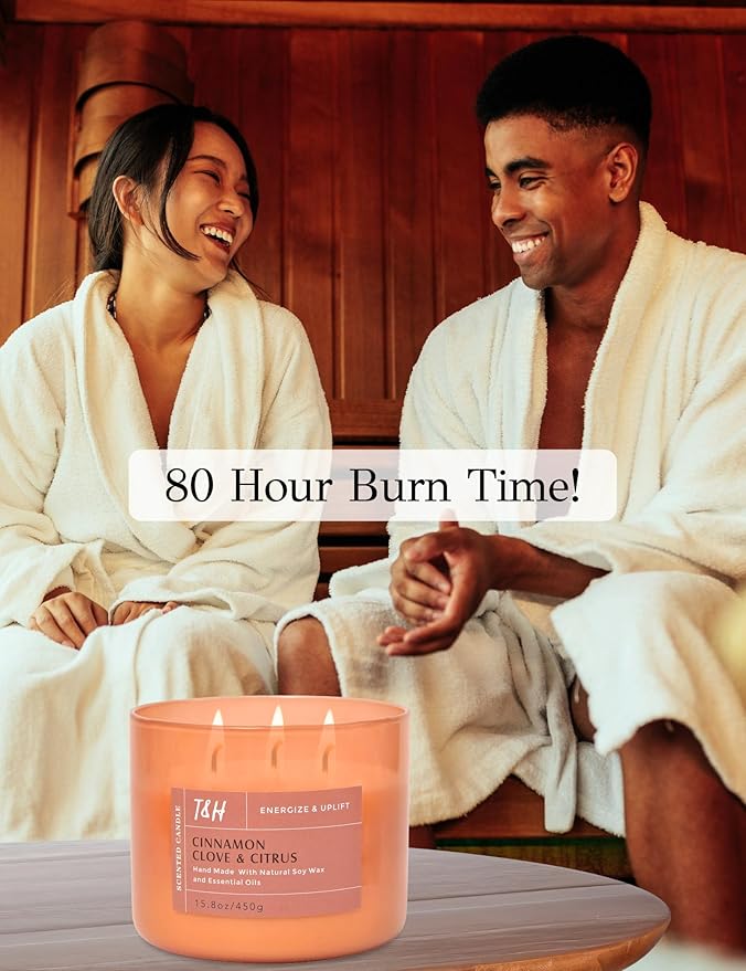 Cinnamon Clove Citrus 3 Wick Soy Candle Large 15.8oz | Spiced Orange Scented Candles for Home | Clean Burn Long Lasting Candle | Warm Cozy Aromatherapy Candle | Housewarming Birthday Gift