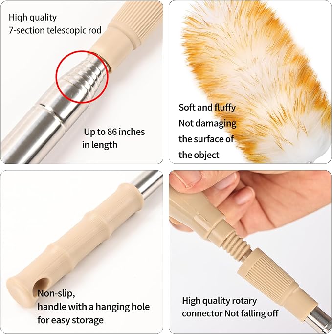 FeelfunFeather Extendable Cleaning Duster,Extra-Long Telescoping Feather Dusters with Stainless Steel Extension Pole Up to 100" for Cleaning High Ceiling Fan, High Ceilings,Furniture