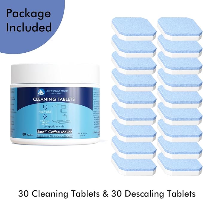 New England Stories Jura Compatible 30 Cleaning + 30 Descaling Tablets Kit - Clean Coffee Oils & Remove Limescale for Coffee Machines