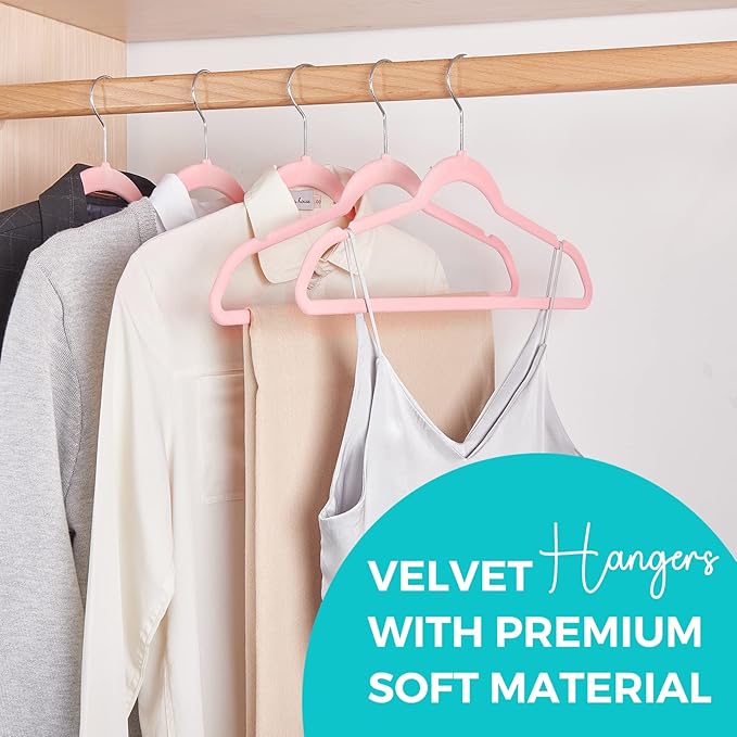 HOUSE DAY Premium Velvet Hangers 100 Pack Light Pink, Non-Slip Flocked Felt Hangers, Sturdy Clothes Hanger with 360° Rotatable Hook, Heavy Duty Durable Slim Coat Hanger for Closet Space Saving