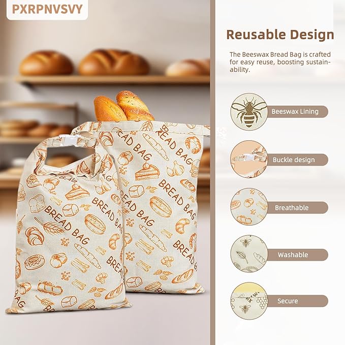 2-PACK Beeswax Bread Bag - Reusable Food Wrapor Homemade Sourdough Loaf,to Keep Fresh Fridge-Safe Beeswax Perfect for Cheese, Fruits Washable & Sustainable Alternative to Plastic
