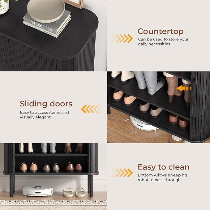 Shoe Storage Cabinet with Adjustable Shelves, 6-Tier Mid-Century Modern Shoe Organizer with Sliding Door, Shoe Storage Organizer for Entryway Hallway Living Room (Black)