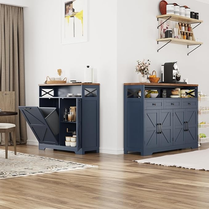 Tilt Out Trash Can Cabinet for 13 * 1 Gallon Trash Can, Farmhouse Kitchen Island Cabinet with Adjustable Shelf for Hidden Laundry Basket, Dog Proof Garbage Can for Dining Living Room, Blue
