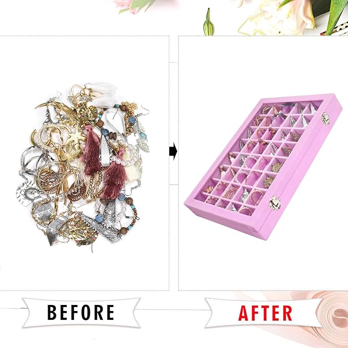Velvet Jewelry Tray 48 Grid Jewelry Display Tray Organizer Box with Transparent Lid Rings Earrings Necklaces Pendants Display Box Suitable for Women and Girls (Pink)